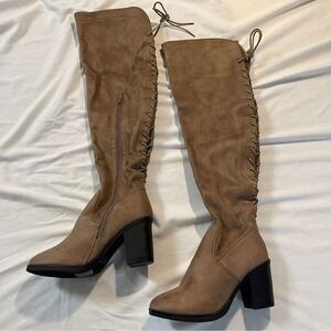 NEW! TOP MODA ZOLA‎ 22-inch Over-the-Knee Lace Up Taupe Faux Suede Boots, 6.5